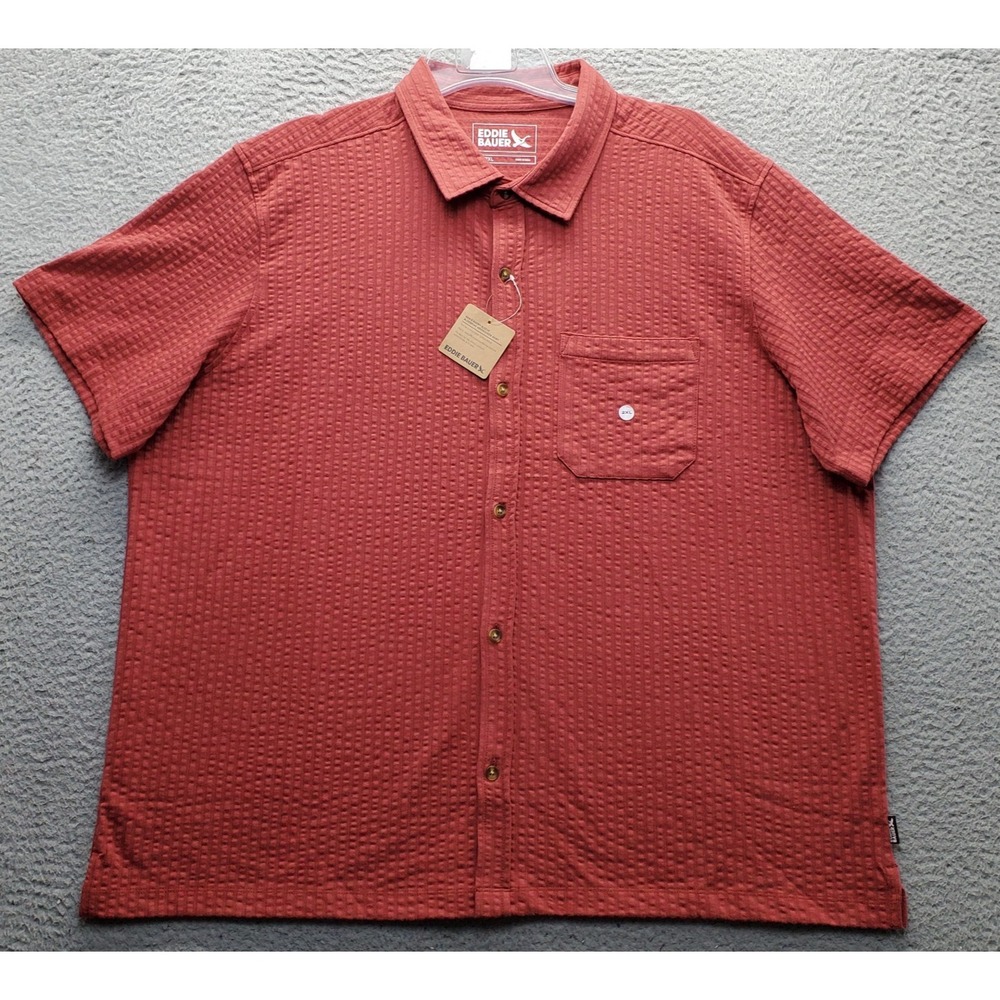 Eddie Bauer Seersucker Fishing Shirt Mens 2XL Red Short Sleeve Hiking Button Up